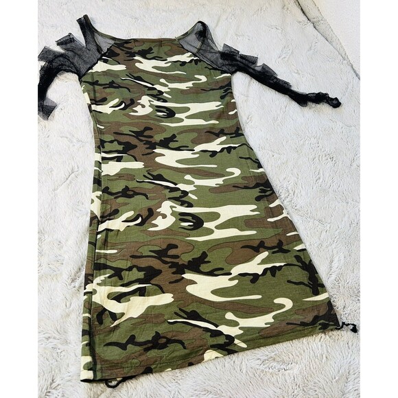 Toxic-Green/Brown-Body Con-Mini Camo Dress-with Distressed Mesh Sleeves-Lg.-Used - Picture 4 of 15